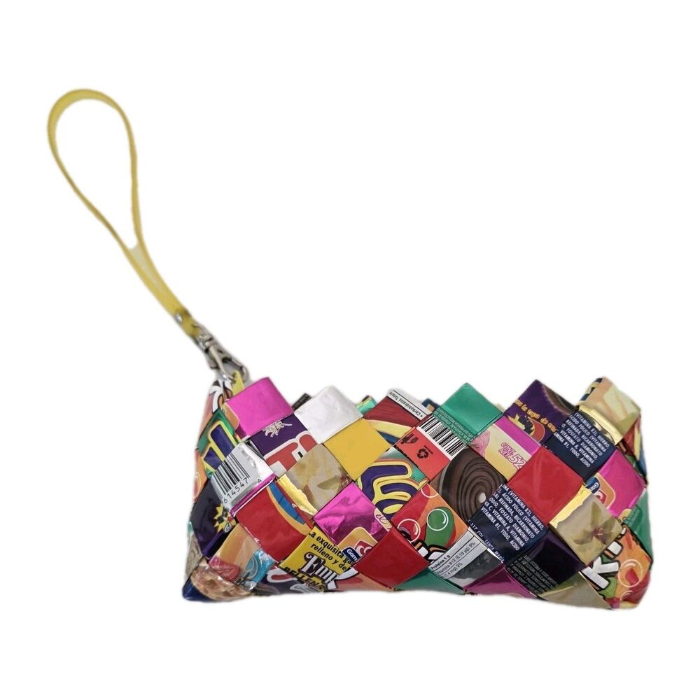 Ecoist Candy Wrapper Clutch Wristlet Purse Y2K Metallic Yellow Strap